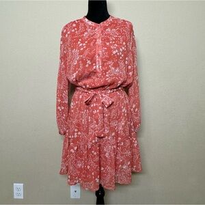 Gibsonlook dress women medium tie belt long sleeve shirt dress floral orange